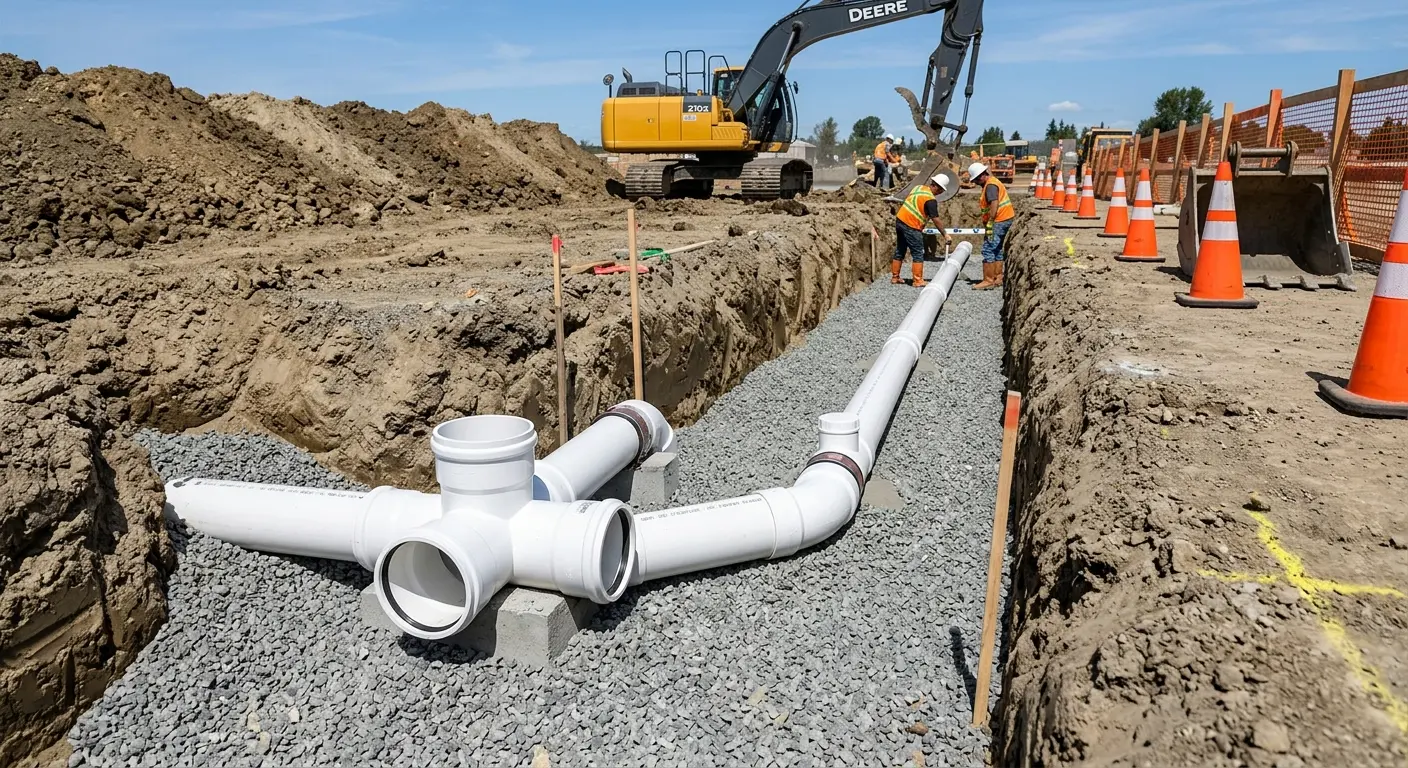New PVC sewer pipe installation in open trench for Grease Trap Cleaning in North Charleston