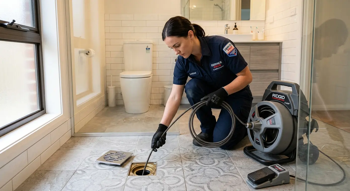 Technician clearing a bathroom floor drain for Sewer Line Installation in North Charleston